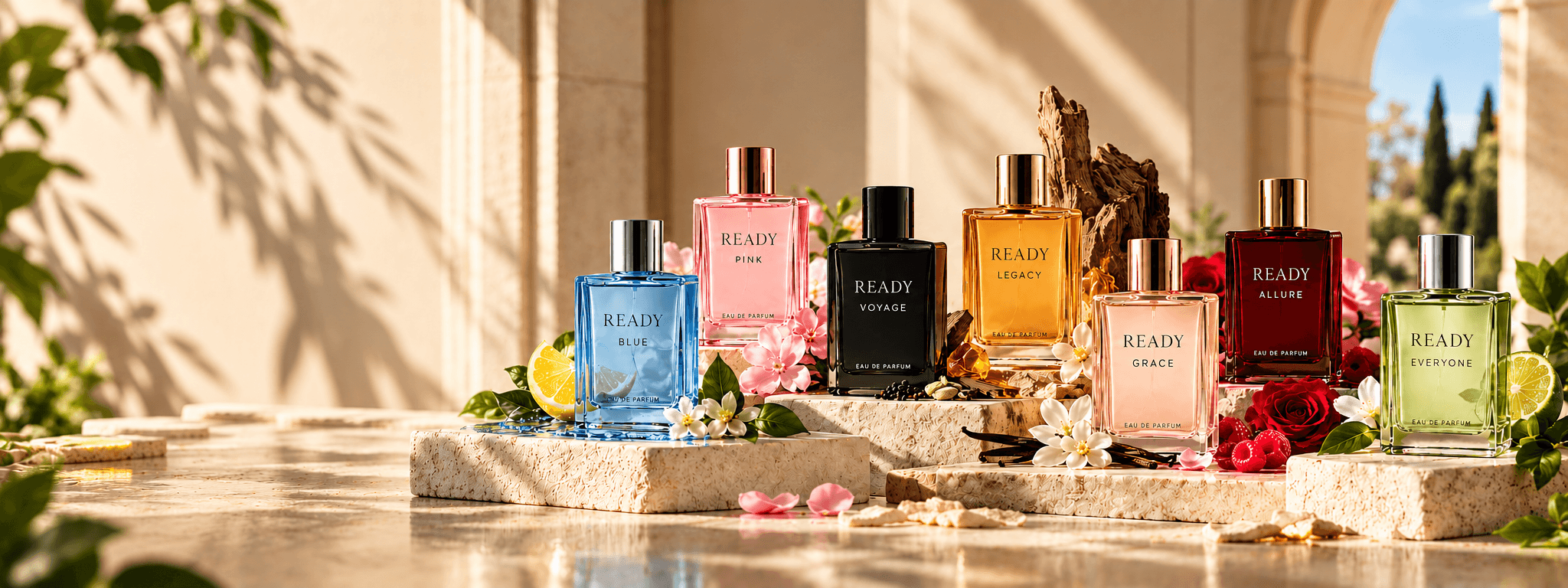READY fragrance collection — Blue, Pink, Voyage, Legacy, Grace, Allure, Everyone